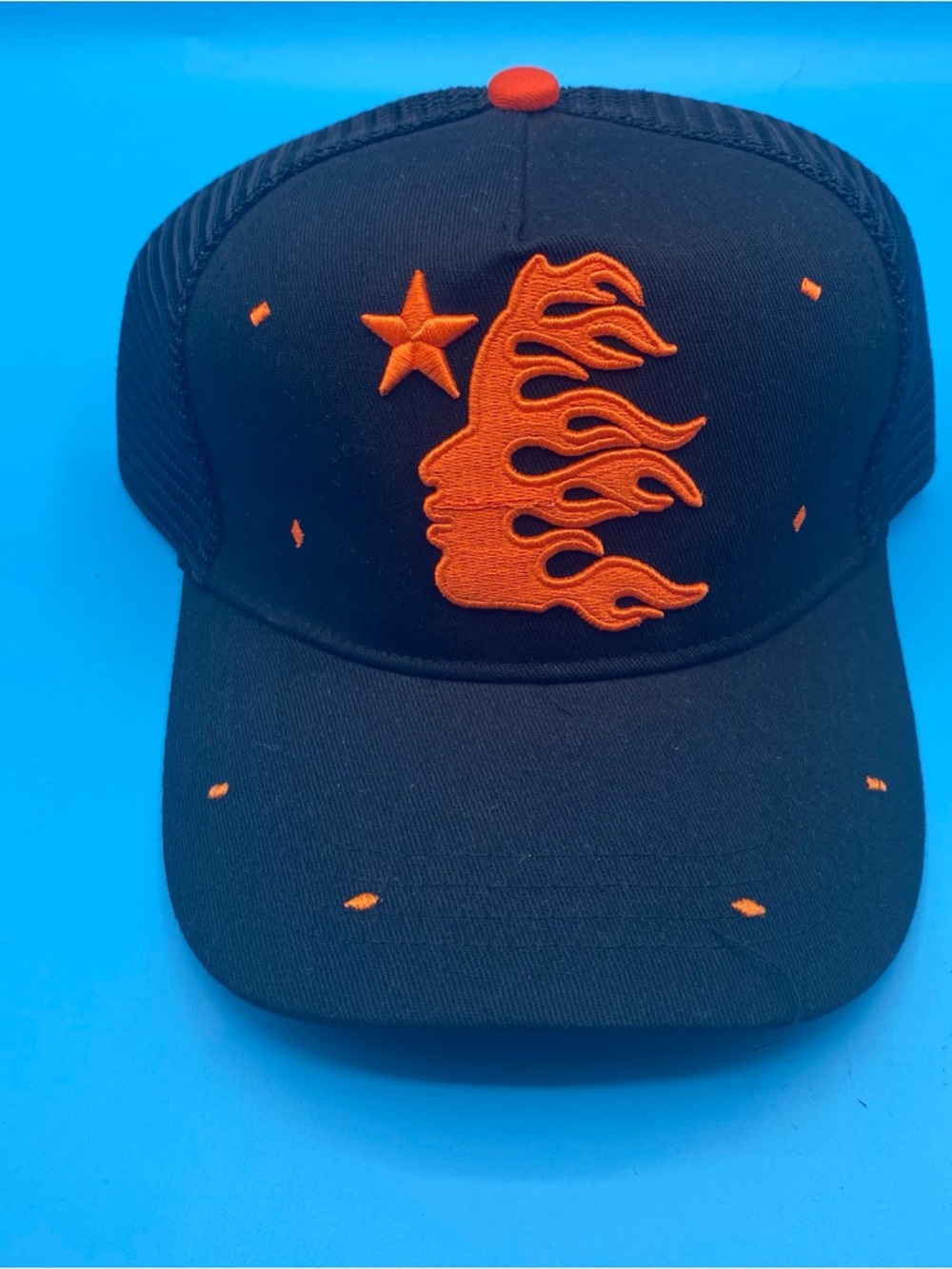 Hellstar Black Hat with Orange Flame Profile Patch - Men’s Trucker Cap